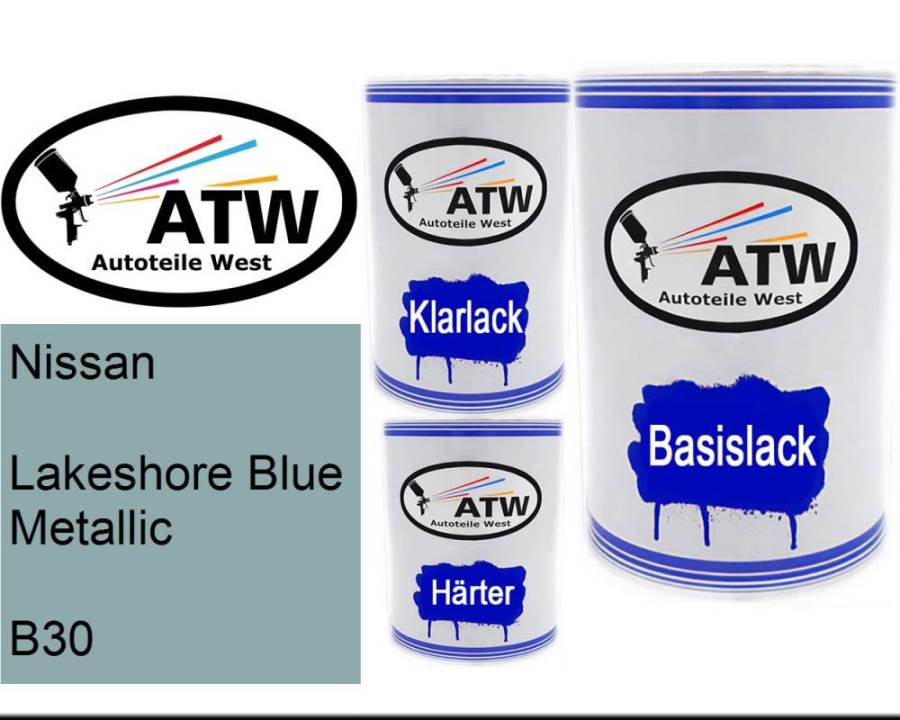 Nissan, Lakeshore Blue Metallic, B30: 500ml Lackdose + 500ml Klarlack + 250ml Härter - Set, von ATW Autoteile West.